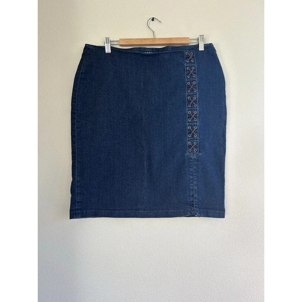 Vintage Lauren Ralph Lauren Jean Skirt Lace Up Detail Y2K 16W
